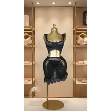 Noiverse Lacivert Dantelli Tül Seksi Sütyen Etek Takım