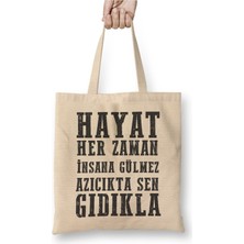 Toyaso Komik Söz Hayat Her Zaman Insana Gülmez Beyaz Bez Çanta Uzun Saplı Alışveriş Çantası Plaj Çantası