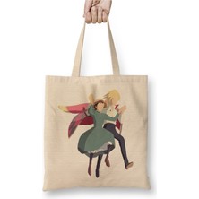 Toyaso Howl's Moving Castle Beyaz Bez Çanta Uzun Saplı Alışveriş Çantası Plaj Çantası