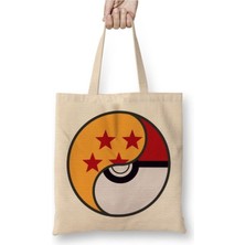 Toyaso Dragon Ball x Pokemon Beyaz Bez Çanta Uzun Saplı Alışveriş Çantası Plaj Çantası