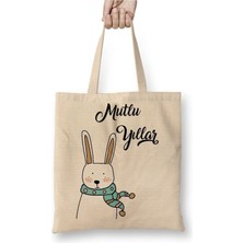 Toyaso Sevimli Tavşan ile Mutlu Yıllar Yılbaşı Beyaz Bez Çanta Uzun Saplı Alışveriş Çantası Plaj Çantası