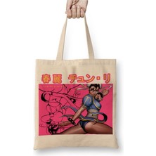 Toyaso Street Fighter Chun Li Beyaz Bez Çanta Uzun Saplı Alışveriş Çantası Plaj Çantası