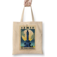 Toyaso Izmir Saat Kulesi Beyaz Bez Çanta Uzun Saplı Alışveriş Çantası Plaj Çantası
