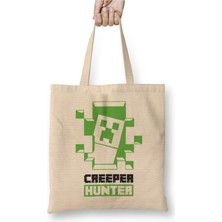 Toyaso Creeper Hunter Gaming Minecraft Beyaz Bez Çanta Uzun Saplı Alışveriş Çantası Plaj Çantası
