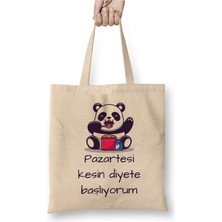 Toyaso Pazartesi Kesin Diyete Başlıyorum Panda Beyaz Bez Çanta Uzun Saplı Alışveriş Çantası Plaj Çantası