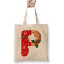 Toyaso P Harfi Beyaz Bez Çanta Uzun Saplı Alışveriş Çantası Plaj Çantası