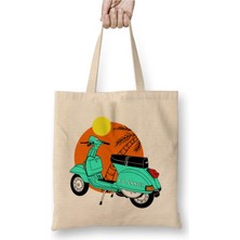 Toyaso Classic Taste Vespa Beyaz Bez Çanta Uzun Saplı Alışveriş Çantası Plaj Çantası