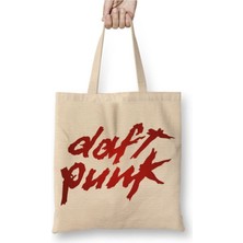Toyaso Daft Punk 04 Beyaz Bez Çanta Uzun Saplı Alışveriş Çantası Plaj Çantası