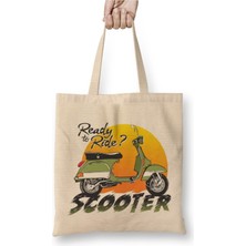 Toyaso Vespa Mod Logo Beyaz Bez Çanta Uzun Saplı Alışveriş Çantası Plaj Çantası