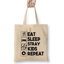 Toyaso Eat Sleep Stray Kids Repeat Beyaz Bez Çanta Uzun Saplı Alışveriş Çantası Plaj Çantası