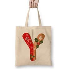 Toyaso Y Harfi Beyaz Bez Çanta Uzun Saplı Alışveriş Çantası Plaj Çantası