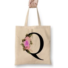 Toyaso Q Harfi Beyaz Bez Çanta Uzun Saplı Alışveriş Çantası Plaj Çantası