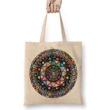 Toyaso Mandala Renkli Hat Sanatı 02 Beyaz Bez Çanta Uzun Saplı Alışveriş Çantası Plaj Çantası