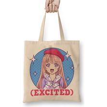 Toyaso Cute Excited Anime Girl Funny Excited Face Beyaz Bez Çanta Uzun Saplı Alışveriş Çantası Plaj Çantası