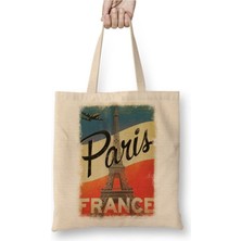 Toyaso Paris Fransa Beyaz Bez Çanta Uzun Saplı Alışveriş Çantası Plaj Çantası
