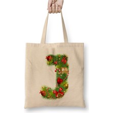 Toyaso Yeni Yıl Yılbaşı Özel J Harfli Mutlu Yıllar Bez Çanta Uzun Saplı Alışveriş Çantası Plaj Çantası