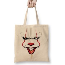 Toyaso Pennywise Clown Spittle Beyaz Bez Çanta Uzun Saplı Alışveriş Çantası Plaj Çantası