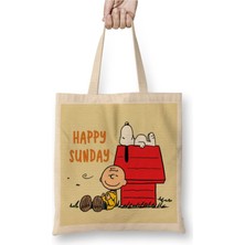 Toyaso Perfect Day Happy Sunday Snoopy Beyaz Bez Çanta Uzun Saplı Alışveriş Çantası Plaj Çantası