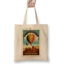 Toyaso Nevşehir Kapadokya ve Balonlar Beyaz Bez Çanta Uzun Saplı Alışveriş Çantası Plaj Çantası