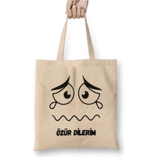 Toyaso Özür Dilerim Komik Özür Mesajı Beyaz Bez Çanta Uzun Saplı Alışveriş Çantası Plaj Çantası