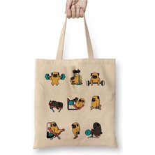 Toyaso Pug Köpek Spor Günü Gym Fitness Beyaz Bez Çanta Uzun Saplı Alışveriş Çantası Plaj Çantası