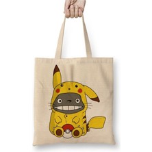 Toyaso Pokemon Go Pikachu Raichu Totoro Miyazaki Beyaz Bez Çanta Uzun Saplı Alışveriş Çantası Plaj Çantası