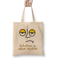 Toyaso Bi Kahve Iç Uykun Açılsın Komik Beyaz Bez Çanta Uzun Saplı Alışveriş Çantası Plaj Çantası