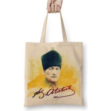 Toyaso Mustafa Kemal Atatürk 015 Beyaz Bez Çanta Uzun Saplı Alışveriş Çantası Plaj Çantası