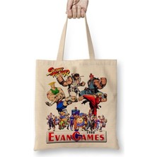 Toyaso Street Fighter Evan Games 1988 Beyaz Bez Çanta Uzun Saplı Alışveriş Çantası Plaj Çantası