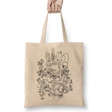 Toyaso Plants Vs Zombies Doodle Up Beyaz Bez Çanta Uzun Saplı Alışveriş Çantası Plaj Çantası