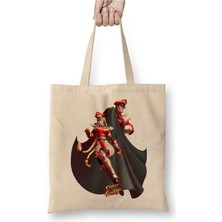 Toyaso Street Fighter Chun Li Blue Beyaz Bez Çanta Uzun Saplı Alışveriş Çantası Plaj Çantası