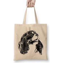 Toyaso Cavalier King Charles Beyaz Bez Çanta Uzun Saplı Alışveriş Çantası Plaj Çantası