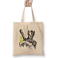 Toyaso Sumi Genji Beyaz Bez Çanta Uzun Saplı Alışveriş Çantası Plaj Çantası