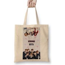 Toyaso Bts ve Blackpink Beyaz Bez Çanta Uzun Saplı Alışveriş Çantası Plaj Çantası