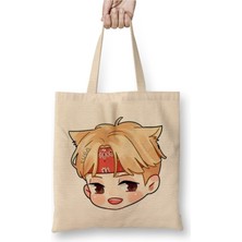 Toyaso Chibi Face Suga Bts Beyaz Bez Çanta Uzun Saplı Alışveriş Çantası Plaj Çantası