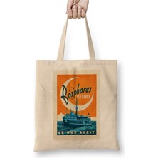 Toyaso Istanbul Boğazı Beyaz Bez Çanta Uzun Saplı Alışveriş Çantası Plaj Çantası