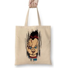 Toyaso Here's Chucky Beyaz Bez Çanta Uzun Saplı Alışveriş Çantası Plaj Çantası