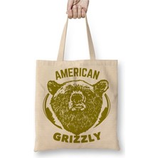 Toyaso American Grizzly Bozayı Ayı Beyaz Bez Çanta Uzun Saplı Alışveriş Çantası Plaj Çantası