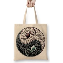 Toyaso Ying Yang Beyaz Bez Çanta Uzun Saplı Alışveriş Çantası Plaj Çantası