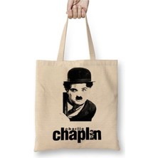 Toyaso Charlie Chaplin Beyaz Bez Çanta Uzun Saplı Alışveriş Çantası Plaj Çantası