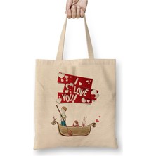 Toyaso Sevgililer Günü Sevgiliye Hediye Beyaz Bez Çanta Uzun Saplı Alışveriş Çantası Plaj Çantası