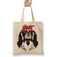 Toyaso Cavalier King Charles Spaniel Bandana Dog Beyaz Bez Çanta Uzun Saplı Alışveriş Çantası Plaj Çantası
