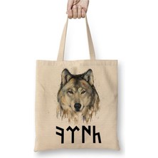 Toyaso Göktürk Türk ve Kurt Bozkurt Beyaz Bez Çanta Uzun Saplı Alışveriş Çantası Plaj Çantası