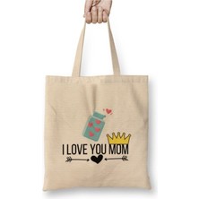 Toyaso I Love You Mom Anneler Günü Anneye Hediye Beyaz Bez Çanta Uzun Saplı Alışveriş Çantası Plaj Çantası