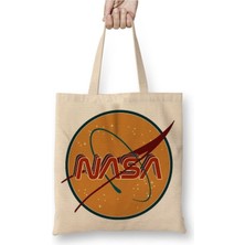 Toyaso Nasa 70S Retro Beyaz Bez Çanta Uzun Saplı Alışveriş Çantası Plaj Çantası