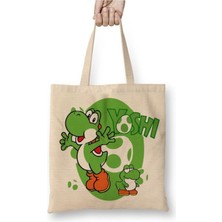 Toyaso Mario ve Yoshi Beyaz Bez Çanta Uzun Saplı Alışveriş Çantası Plaj Çantası