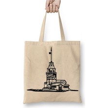 Toyaso Kız Kulesi Hediyelik Turistik Seyahat Beyaz Bez Çanta Uzun Saplı Alışveriş Çantası Plaj Çantası