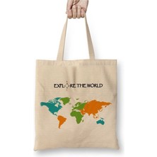 Toyaso Explore The World Dünya Haritası Beyaz Bez Çanta Uzun Saplı Alışveriş Çantası Plaj Çantası