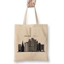 Toyaso Hong Kong Skyline Outline Cityscape Travel Beyaz Bez Çanta Uzun Saplı Alışveriş Çantası Plaj Çantası