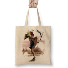 Toyaso Street Fighter Beyaz Bez Çanta Uzun Saplı Alışveriş Çantası Plaj Çantası